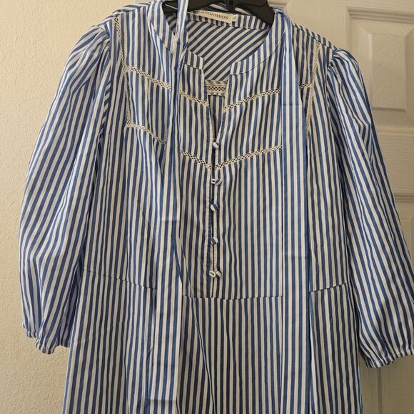 Boho Cottagecore NWT blue stripe midi Peasant Coastal dress embroider pocket XL - Picture 6 of 13